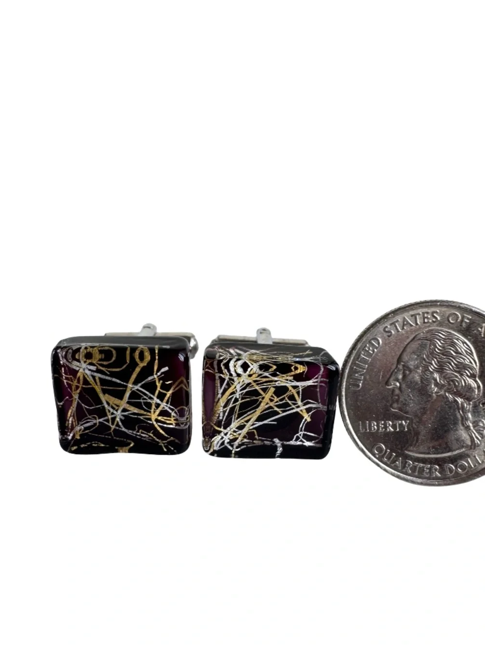 Vintage Purple Art Glass Cufflinks Gold Silver Foil Chunky Square Modernist Gift